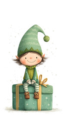 Cute Christmas elf sitting on a wrapped gift box, smiling - concept of Christmas magic, joyful gifting and childlike winter wonder