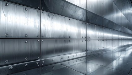  Shiny metallic panels with rivets forming futuristic tunnel perspective, silver steel wall background for industry, technology, sci fi and corporate design concepts.
