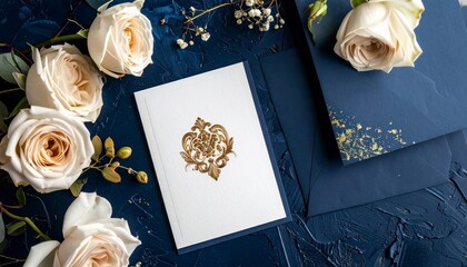 Elegant wedding invitations on dark blue background with cream roses and golden monogram, perfect for bridal stationery mockups, event branding and romantic celebration designs.