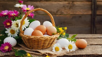 Rustic egg basket flower spring rustic wooden farm natural food fresh organic still life arrangement on wooden table with white and brown eggs wicker basket blossom decoration country style seasonal