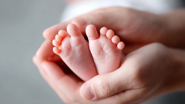A close-up view of tiny baby feet cradled in caring hands. This touching video evokes warmth and love, making it ideal for family themed content. AI