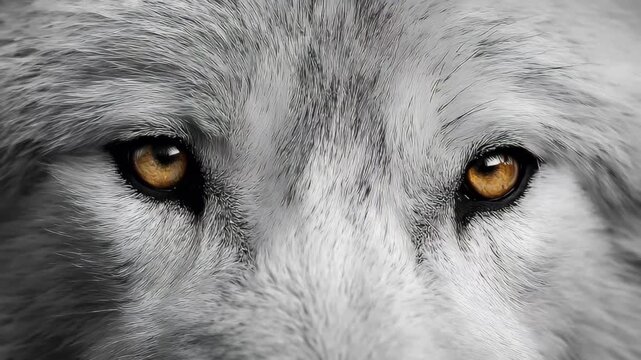 Close up on a white wolf eyes on black, Intense close-up of a white wolf's eyes on a black background