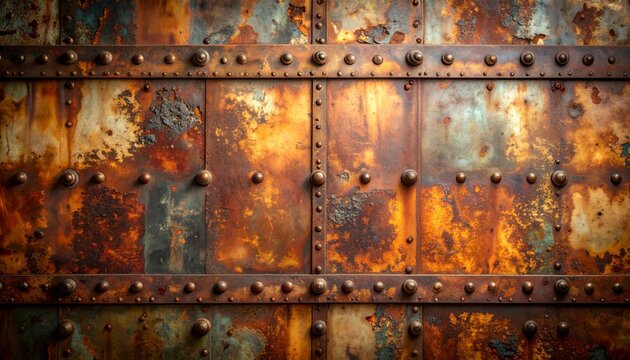 Rusty metal panels with rivets forming industrial texture background, great for steampunk designs, grunge posters and construction themed graphics.