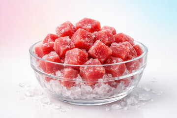 Bowl Of Frozen Tuna Cubes With Ice Crystals On Light Background