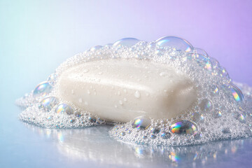White Soap Bar Surrounded By Iridescent Bubbles On Pastel Background