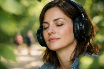 Relaxed Woman Wearing Overear Headphones Enjoying Music In Green Park