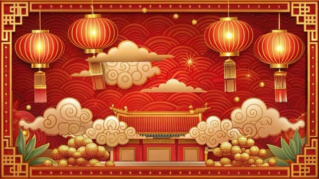 Chinese lantern red background golden cloud temple gate festive decoration traditional pattern lunar new year night sky oriental style glowing light chinese temple lantern cloud gold red festival