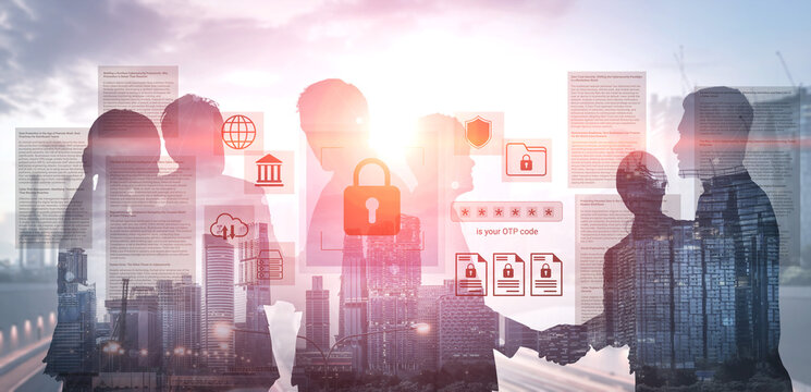 A group of business professionals engaged in collaboration against a dynamic urban backdrop, enhanced by digital elements representing technology and security themes. Gantry