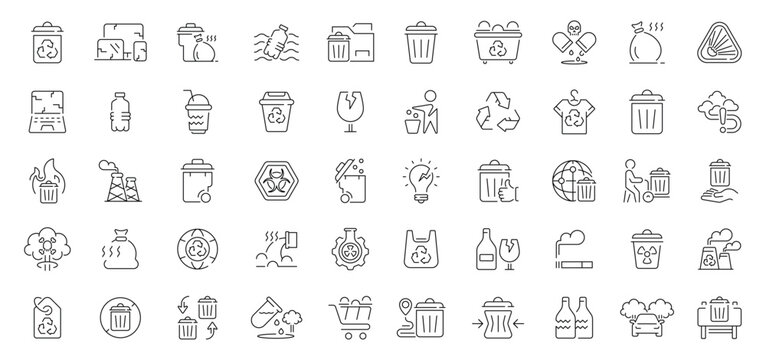Waste management icons set. linear, editable line icons for recycling and eco solutions