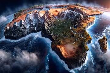 Africa rises as a 3D landmass from swirling clouds and ocean, its peaks and valleys bathed in warm sunset. The dramatic view celebrates the continent&rsquo;s grandeur, diversity, and natural power.