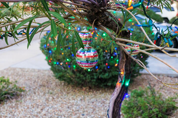 Rainbow-mirrored Disco Ball Ornament Hanging from a Tree above the Ground, Shallow DOF