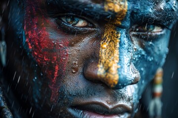 Rain streaks down a warrior&rsquo;s face painted in bold red, blue, and gold tribal patterns. His intense gaze conveys strength, resilience, and ancient cultural pride. Africa travel concept.