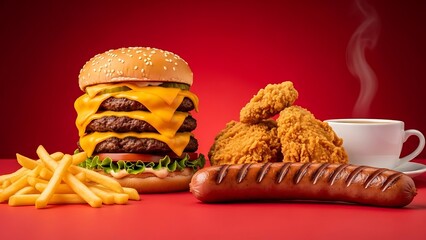 A mouth-watering fast food meal featuring burger, chicken, fries, and coffee on a red background