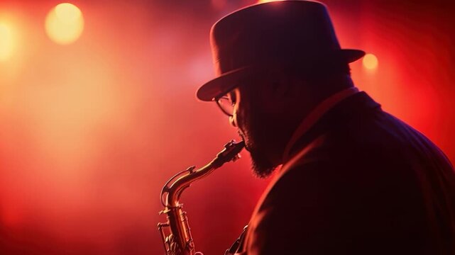 Smooth jazz saxophone musician silhouette wearing hat on concert stage under red spotlight during emotional nightlife performance soulful live music creating moody nightclub concert atmosphere