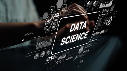 Futuristic User Interface with Data Science Concept and Analytics Visualizations in Modern Workspace Environment. Asymptotic smart data analytic.