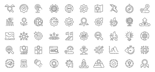Seo and marketing icons set. editable line icons, analytics and strategy symbols