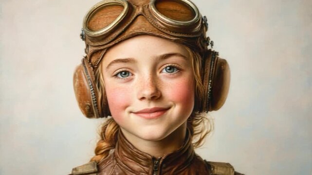 Young girl aviator portrait vintage leather pilot helmet, retro goggles, smiling child dreamer with blue eye braided hair and freckles, aviation headset steampunk style fantasy costume soft light