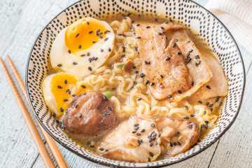 Bowl of ramen with pork belly, soft egg, and shiitake mushrooms