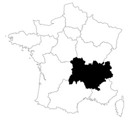 Obraz premium Map of Auvergne Rhone Alpes departments in France country on white background. single departments map highlighted by black colour on France map. French Republic