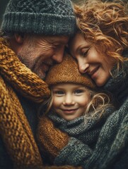 A cozy family of three nestles close, wrapped in warm knits, sharing tender smiles. Their joyful embrace radiates love, comfort, and the quiet magic of winter togetherness.