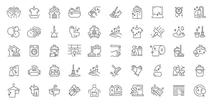 Cleaning icons set. editable line icons, outline style, maintenance and hygiene