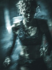 A woman runs through shadowy blur, her form streaked with motion and urgency. The moody, high-contrast scene captures fear, escape, or desperate determination in darkness.