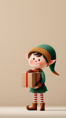 Cute soft 3D Christmas elf holding a wrapped gift box, smiling. Holiday gifting and Christmas promotion visuals for retail and e-commerce campaigns