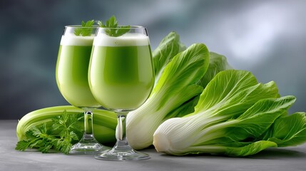 Fresh green vegetable juice served in elegant glasses, surrounded by vibrant leafy greens, showcasing healthy lifestyle choices and natural ingredients for wellness and nutrition