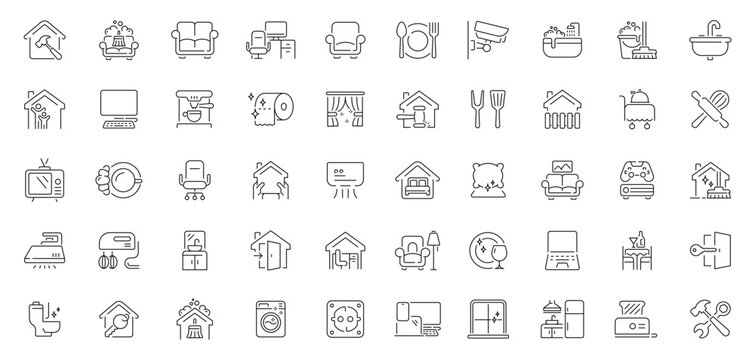 Home essentials icons set. line, editable line icons for living and decor