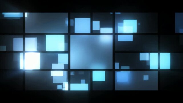 Abstract futuristic motion background with glowing blue squares and rectangles moving behind a digital grid seamless loop.