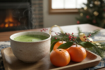 Traditional Japanese tea served with fresh mikan tangerines on a cozy table, creating a calm New Year mood.
