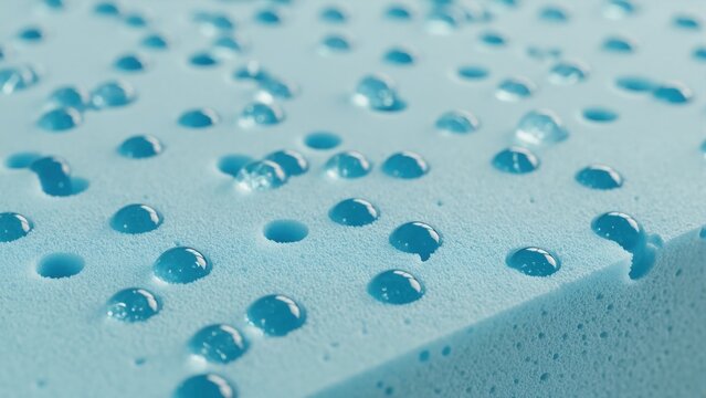Blue cooling gel droplets on porous memory foam surface. Macro detail of breathable and absorbent mattress material. Advanced comfort and orthopedic technology