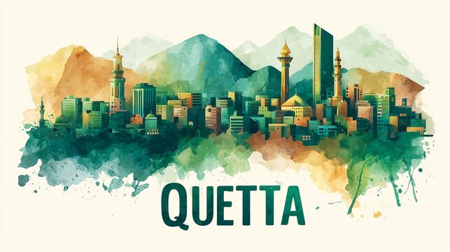 &ldquo;QUETTA&rdquo; anchors a watercolor cityscape with green hills, minarets, and warm tones. The artistic rendering celebrates Pakistani urban beauty, culture, and serene resilience.