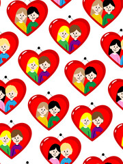 vector background with happy lovers portraits in heart shaped frames romantic seamless texture for greeting cards anniversary textile design and scrapbook