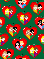 seamless pattern with happy young couples in red heart shaped frames on green background romantic portraits of men and women in love for valentines day fabric