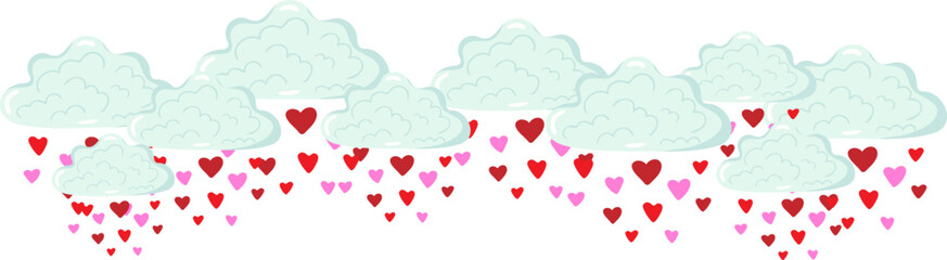cute horizontal border with fluffy blue clouds and red pink heart rain on white background romantic vector illustration valentines day greeting cards design