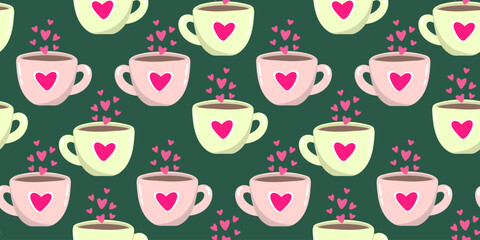 lovely tea mug with pink hearts vector pattern for kitchen decor breakfast cafe menu background wedding invitation and sweet winter holiday greeting cards