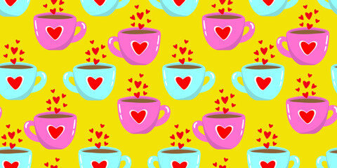 cute seamless pattern with pink and blue coffee cups and red hearts on bright yellow background cheerful romantic wallpaper for valentines day textile design