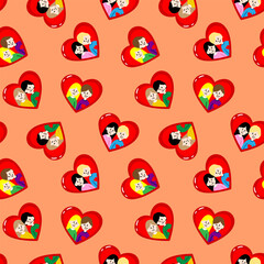 seamless pattern with diverse cute couples in red hearts on terracotta background for valentines day romantic wallpaper textile design and gift wrapping paper