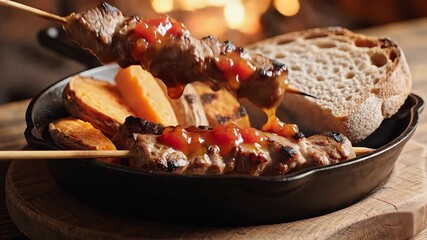 A delicious and rustic meal featuring grilled meat skewers with savory tomato sauce accompanied by golden sweet potato wedges and a hearty slice of artisan bread served in a warm cast iron skillet ag.