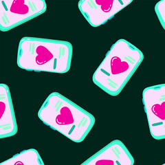 seamless pattern with smartphones and pink heart messages on dark emerald background for valentines day digital love communication concept vector