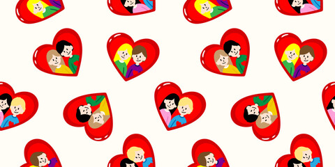seamless pattern with cute diverse couples in red heart frames for valentines day wallpaper wrap paper textile design romantic lovers background vector