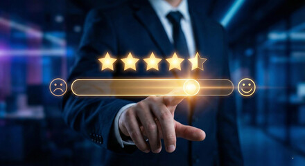 Customer rating concept with businessman touching five-star feedback bar, representing user experience, client satisfaction, online review, service evaluation, digital feedback, and performance.