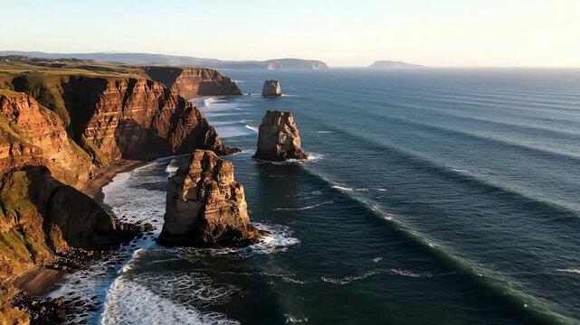 Dramatic coastal cliffs and sea stacks with powerful waves crashing on shore at sunset