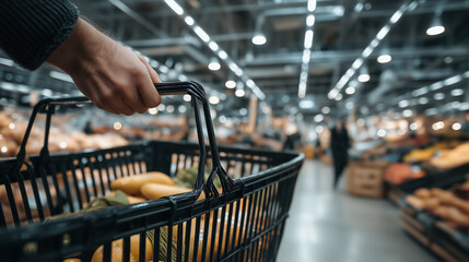 A shopper holds a black basket filled with fresh produce while navigating a vibrant grocery store filled with colorful fruits and vegetables.