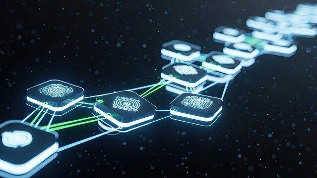Blockchain network with glowing nodes and connections in dark space - Powered by Adobe