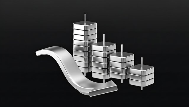 3D Metallic Silver Financial Chart with Downward Arrow Representing Economic Recession and Loss - Powered by Adobe