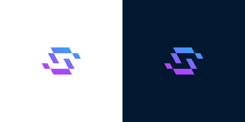 Obraz premium Modern abstract letter S logo design featuring a dynamic gradient of purple and blue pixelated shapes, suitable for technology, startup, or digital branding