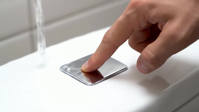 Close up of a hand pressing a modern chrome toilet flush button with water running