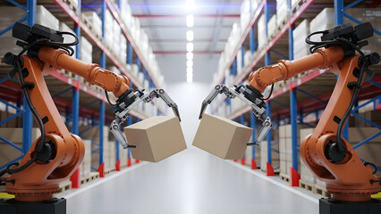 Fototapeta premium Automated warehouse efficiency showcased with robotic arms precisely handling packages, demonstrating advanced supply chain technology and innovation.